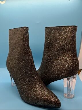 Glitter Pointed-Toe Ankle Boots with Clear Block Heel - Black